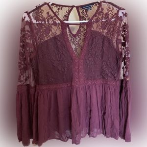 American Eagle Boho Lace Bell Sleeve Blouse Burgundy XS